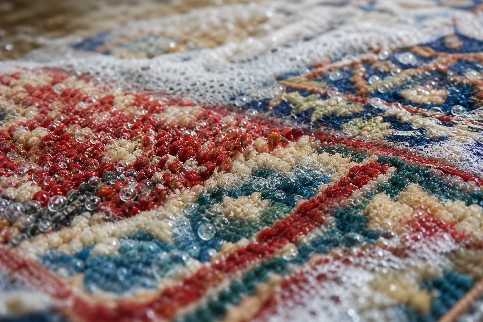 Close-up of a colorful wool Oriental rug pile being hand-washed with clean water and gentle suds