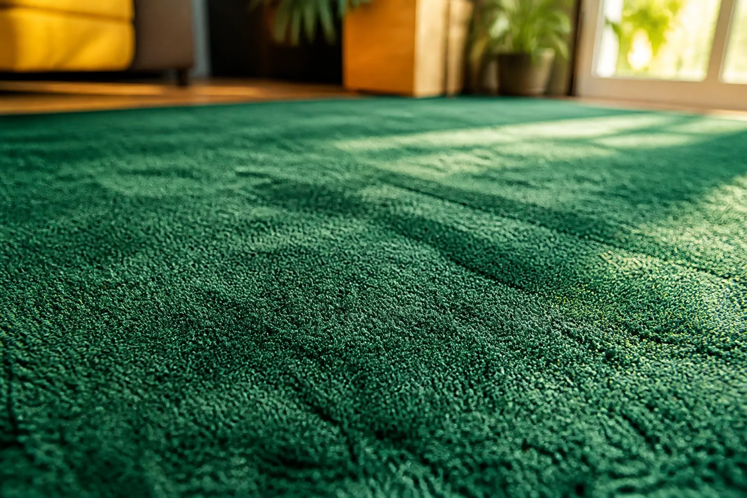 Sunlit emerald-green plush carpet showing soft, dense pile in a bright living room