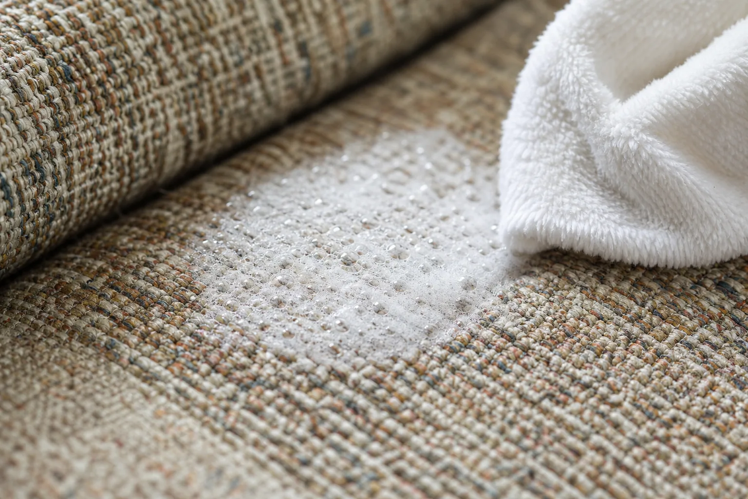 Close-up of woven upholstery fabric being spot-treated with gentle foam and a soft microfiber cloth