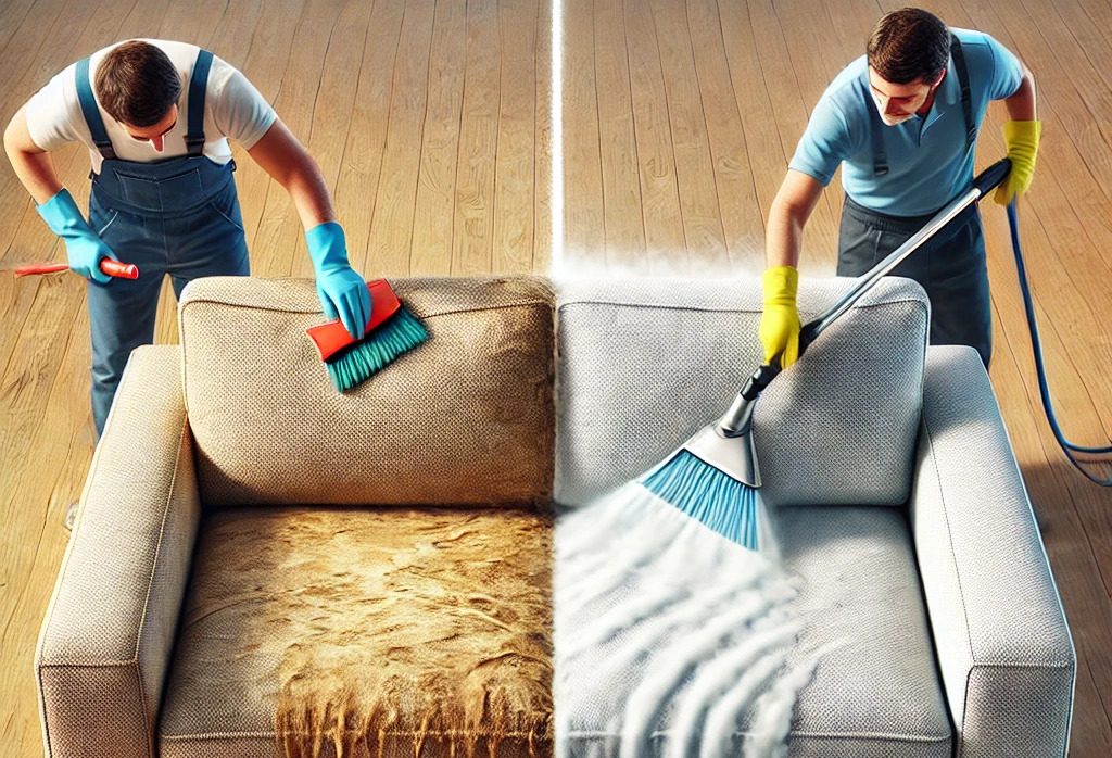 couch being cleaned split into two sections