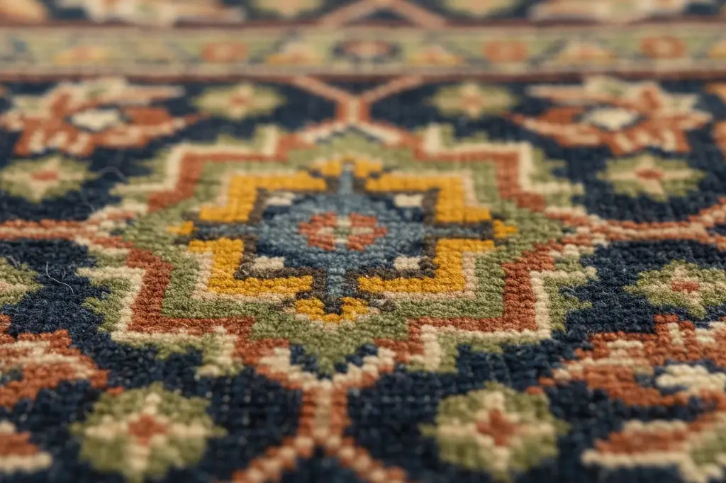 Close-up view of fibers and natural dyes examined during professional Persian rug cleaning