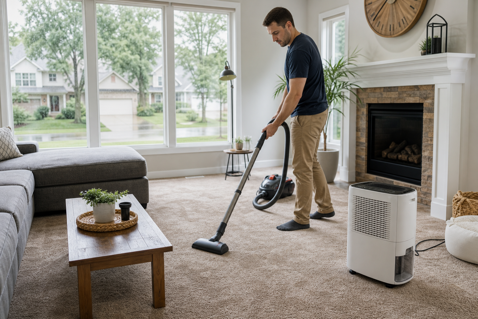 Removing musty carpet odor with dehumidifier and vacuum at home