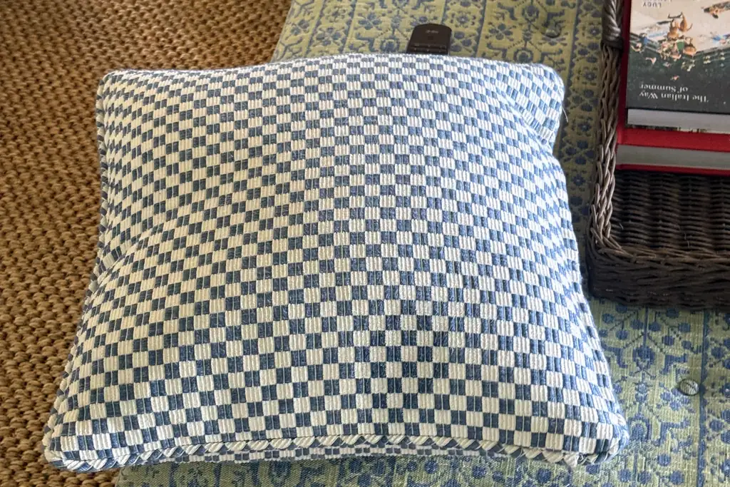 Blue and white checked throw pillow resting on a patterned upholstered ottoman during upholstery cleaning