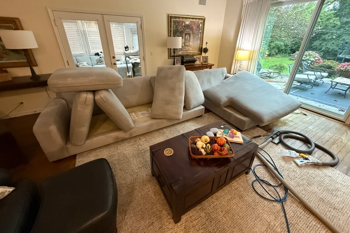 Four-seater sectional piece in the living area before upholstery cleaning