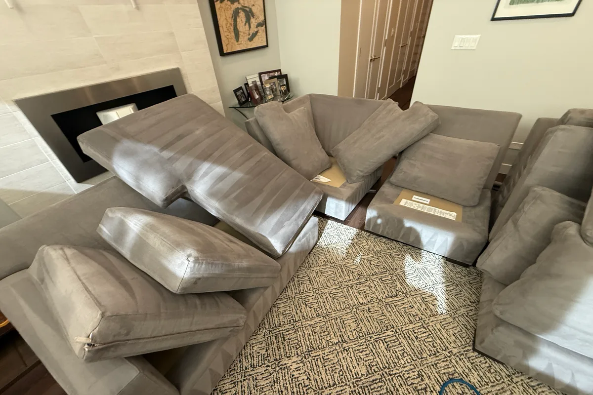 Sectional and sofa seat cushions after hot water extraction upholstery cleaning in Chicago
