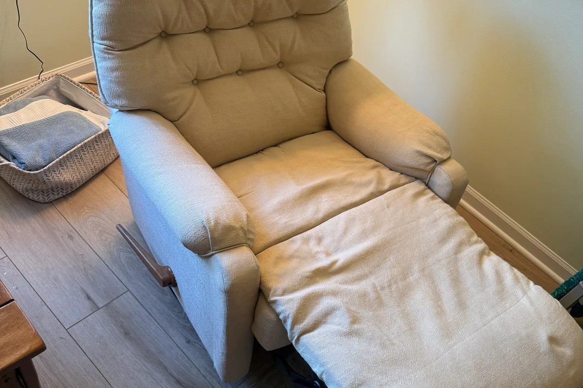 Loveseat cushion area flagged by the homeowner for pet stain and odor treatment